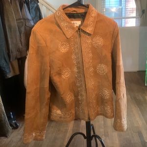 Papillon suede leather jacket with gold sequins and stitch work.